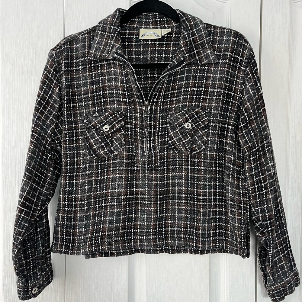 Best United Garment Company 1/4 Zip Pullover Cotton Plaid Top Cropped L